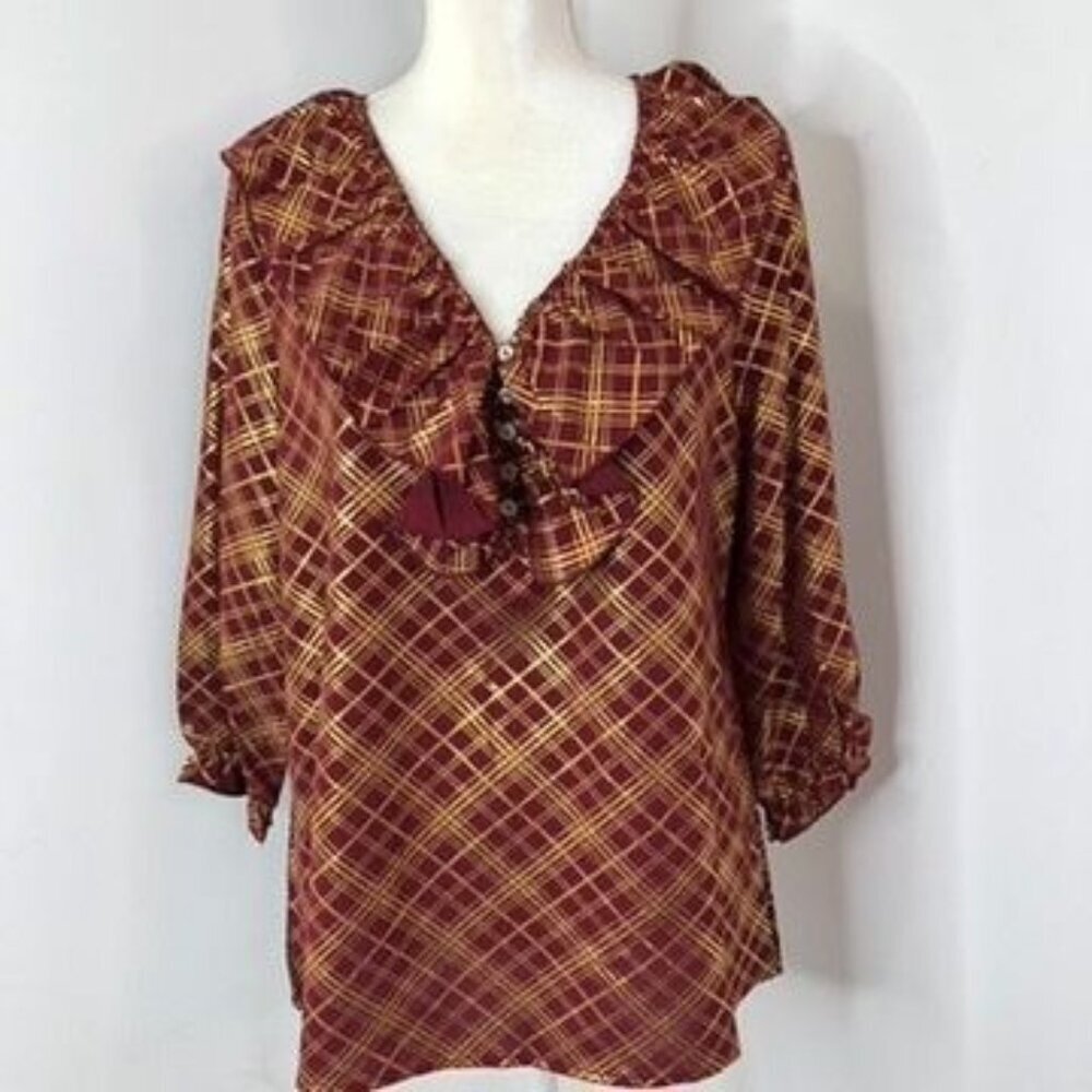 Weekend Suzanne Women's Betro Ruffled Blouse Sz Small Burgundy Gold Plaid Office